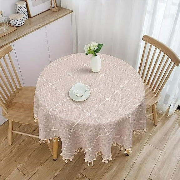 Firefly Hope 60in Cotton Linen Round Tablecloth with Tassels, Wrinkle-Free Table Cover for Kitchen & Dining, Light Brown