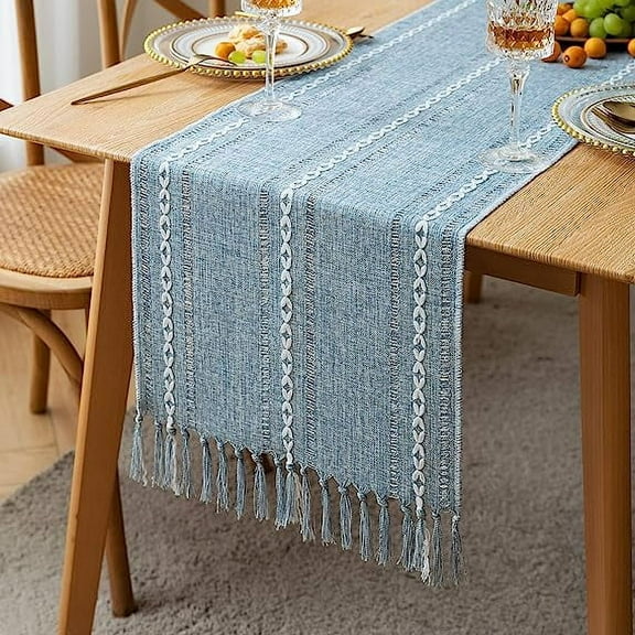 Firefly Hope 72x12 Inches Rustic Cotton-Linen Table Runner with Tassels Farmhouse Style Decor for Holiday Parties, Weddings & Dining, Blue A