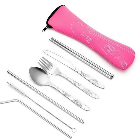 Firefly Hope 7pcs Portable Stainless Steel Travel Cutlery Set, Durable Tableware for Outdoor, Picnics & On-the-Go Meals Anywhere (Pink)