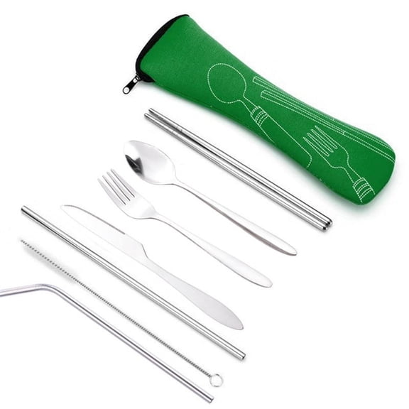 Firefly Hope 7pcs Portable Stainless Steel Travel Utensils Set with Case, Reusable Silverware Dinnerware for Outdoor, Picnics & On-the-Go Meals, Durable Travel Cutlery for Daily Use, Green