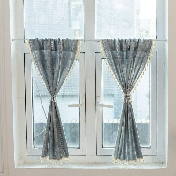 Firefly Hope Boho Embroidered Kitchen Tier Curtains with Tassels, 1 Panel Rod Pocket Design, Farmhouse Linen-Textured Privacy-Friendly Cafe Half Window Curtain (Blue,24"Wx35"L)