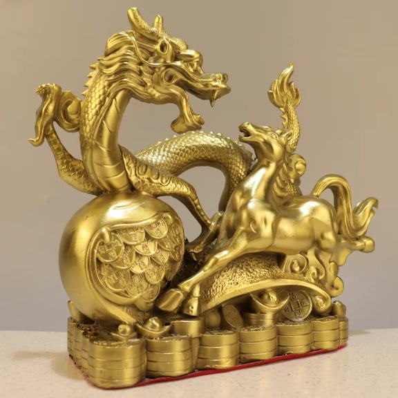 Firefly Hope Brass Chinese Feng Shui Dragon Statue Sculpture Home Office Decoration Tabletop Decor Ornaments for Wealth and Success Good Lucky Gifts,Style D,Large