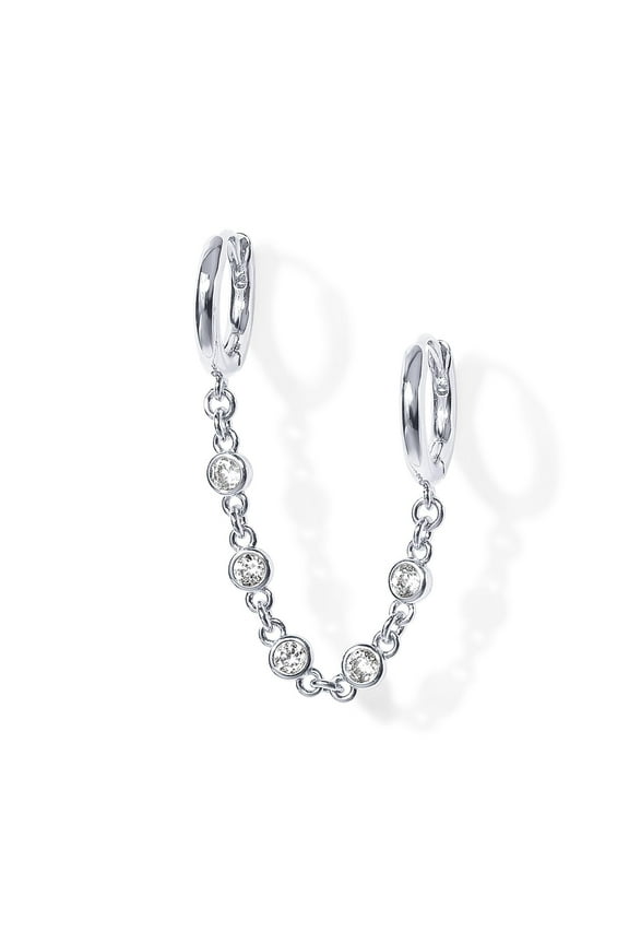 Chain Earrings for Women | Double Piercing Dangle Chain Huggie Hoop Earrings | Cubic Zirconia Pearl Stud Ear Cuff Earrings for WomenSilver B