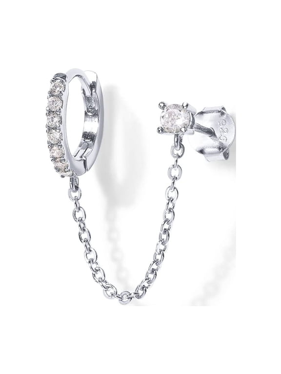 Chain Earrings for Women | Double Piercing Dangle Chain Huggie Hoop Earrings | Cubic Zirconia Pearl Stud Ear Cuff Earrings for WomenSilver C