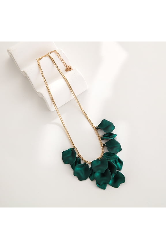 Delicate Rose Petal Choker Necklace with Tassel Chain, Romantic Floral Pendant Fashion Jewelry, Stylish Gift for Women,Dark Green