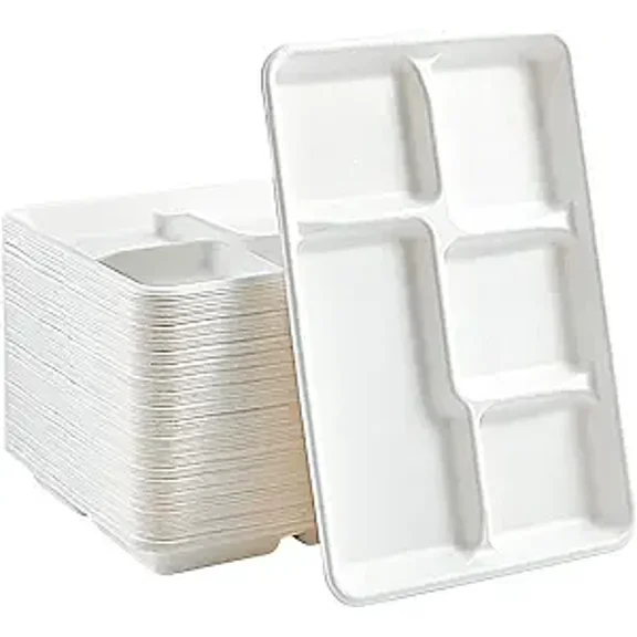 Firefly Hope Eco-Friendly Bagasse 5-Compartment Lunch Trays (50 Pack) – 12.5x8.5 Inch 100% Compostable Disposable Plates for School Meals, Parties & Buffets
