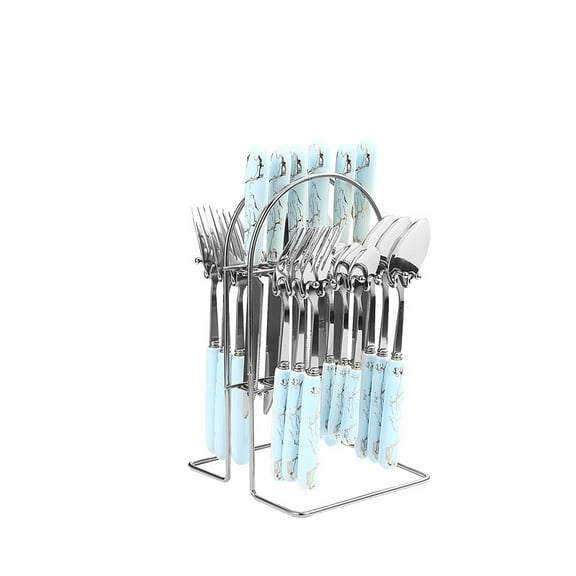 Firefly Hope Elegant 24-Pcs Stainless Steel Flatware Set for 7 People Includes Chic Holder for Organized Storage- Silver,Blue A