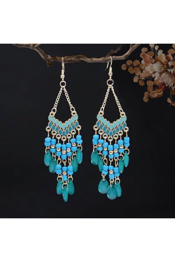Elegant Bridal Wedding Dangling Ear Charms, Extended Bead Fringe Tassel Hook Ornaments, Flowy Long Drop Statement Jewelry for Women Formal Occasions, Blue