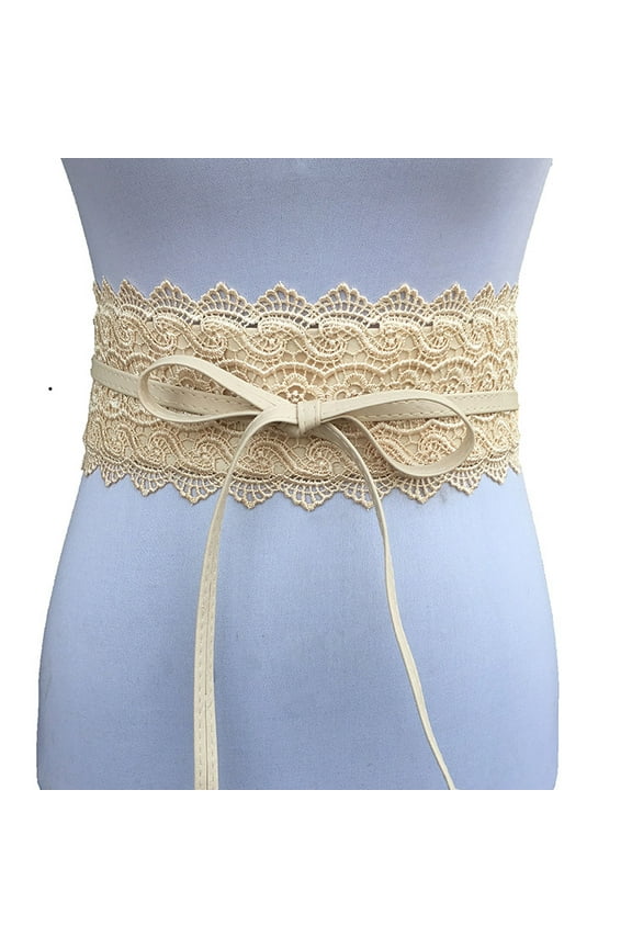 Elegant Lace Self Tie Obi Belt, Wide Adjustable Wrap Waist Belt with Bow, Bridal & Formal Dress Waist Accessory for Women,Beige
