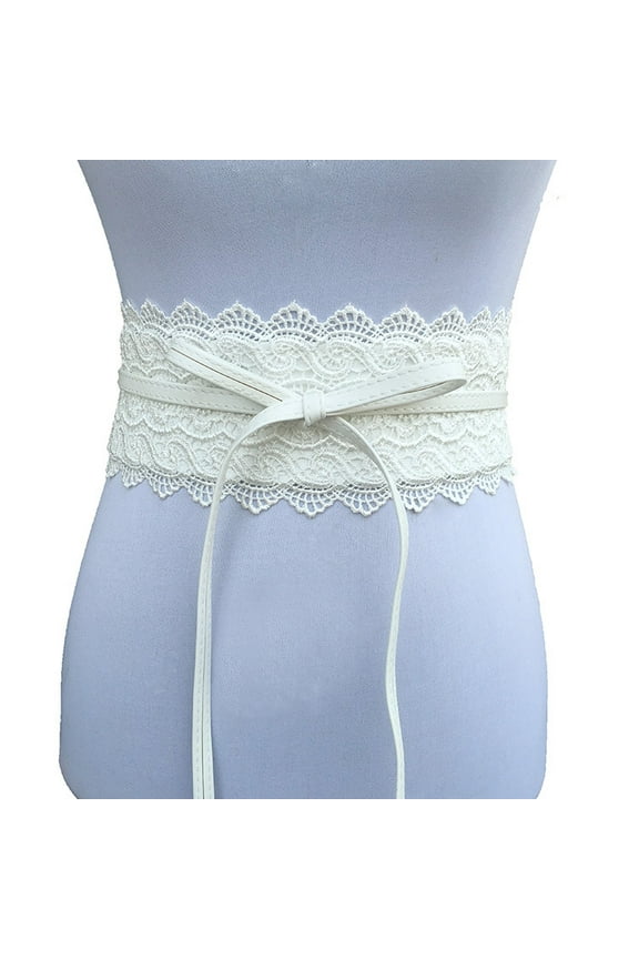 Elegant Lace Self Tie Obi Belt, Wide Adjustable Wrap Waist Belt with Bow, Bridal & Formal Dress Waist Accessory for Women,White