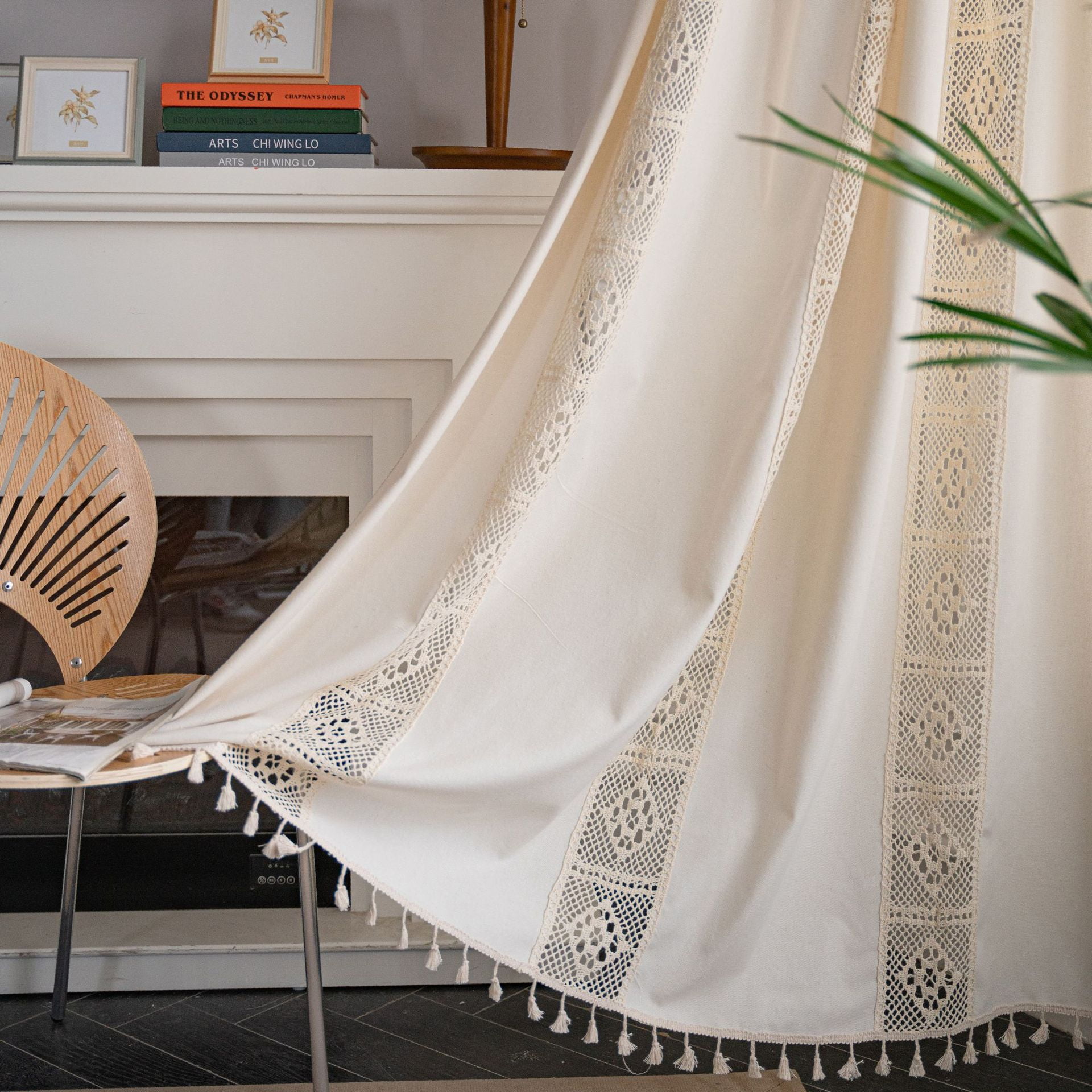 Firefly Hope Farmhouse Semi-Blackout Curtain Panels, Cotton Linen Blend with Vintage Tassel Trim & Hollow Pattern, Rod Pocket Drape for Bedroom, Living Room & Patio（1 Panel，51.1*59in,A64）