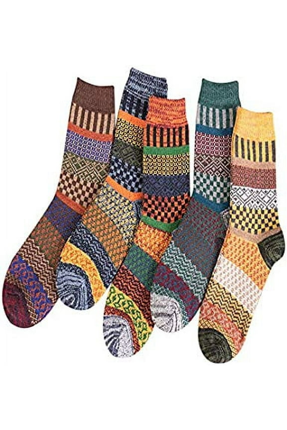 5-Pair Autumn Winter Nordic Style Thick Knitted Socks, Colorful Pattern 5-Color Mix, Unisex Warm Comfortable Socks for Daily Casual Wear