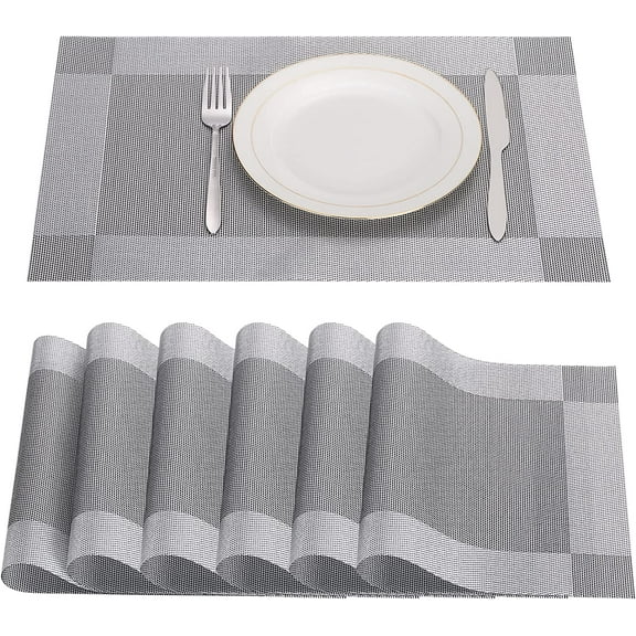 Firefly Hope Gray Vinyl Placemat Set of 6, Heat-Resistant & Stain-Resistant Kitchen Table Mats, Anti-Skid Washable PVC Dining Mats, Set of 6 (Gray)