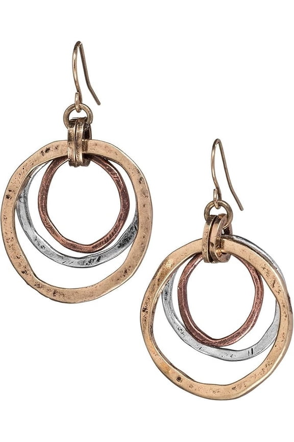 Handmade Sunrise Tricolor Dangle Earrings - Burnished Circles, Copper, Brass