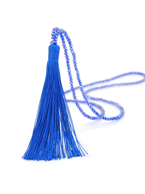 Handwoven Multi-Layer Y-Style Long Neck Ornament, Crystal Bead Fringe Tassel Drop Pendant Fashion Jewelry For Ladies, Blue