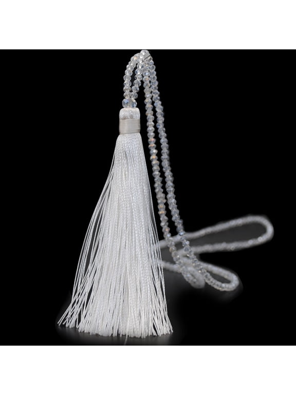 Handwoven Multi-Layer Y-Style Long Neck Ornament, Crystal Bead Fringe Tassel Drop Pendant Fashion Jewelry For Ladies, White