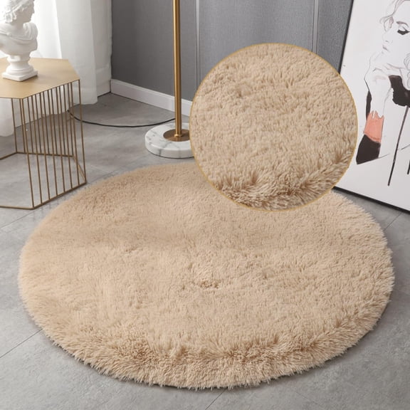 Firefly Hope Khaki 31 Inch Round Plush Shaggy Bathroom Runner Rug, Non-Slip Machine Washable Bath Mat for Bathroom Decor Flooring