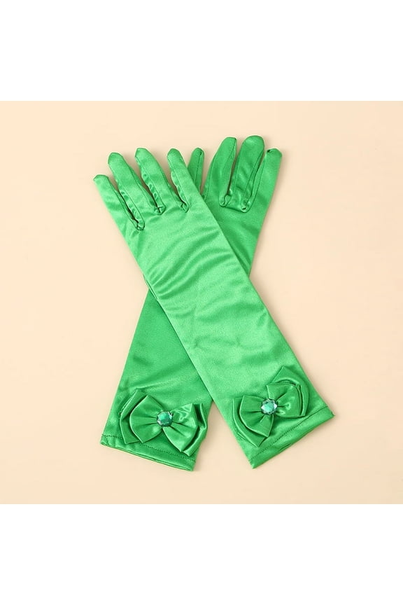 Long Satin Princess Gloves with Diamonds & Bows, For Birthday, Wedding & Costume Party Dress-Up,Green
