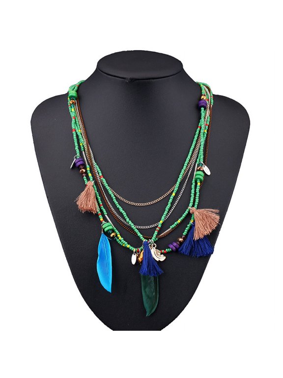 Multi-Tier Stackable Beaded Neck Accessory, Tassel Feather Drop Pendant Chain, Trendy Layered Outfit Jewelry For Ladies, Green
