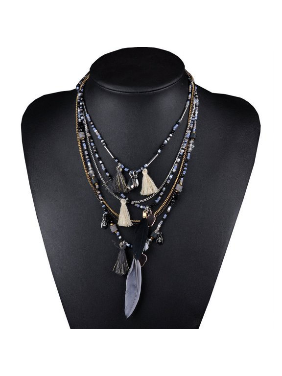 Multi-Tier Stackable Beaded Neck Accessory, Tassel Feather Drop Pendant Chain, Trendy Layered Outfit Jewelry For Ladies, Navy Blue