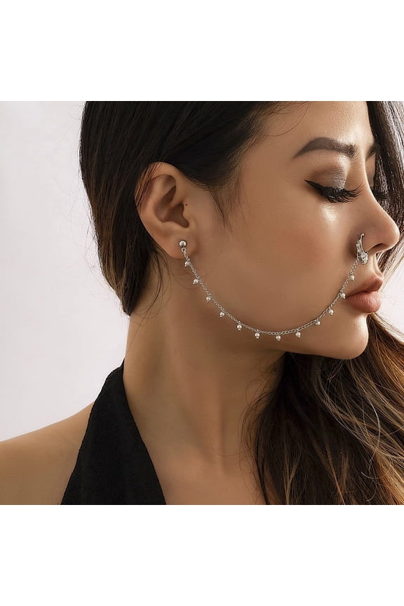 Non-Piercing Dangling Face Jewelry, Ear to Ear Chain with Pearl Details, Gothic Bridal Headpiece, Silver B