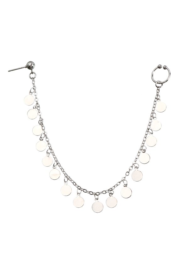 Non-Piercing Nose Hoop with Ear Chain, Dangle Pendent Design, Fake Septum Style Body Jewelry for Women, Silver A