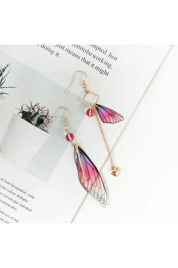 Plated Asymmetrical Butterfly Bug Wing Drop Dangle Earrings Crystal Fairy Wing Earrings for Women Wedding Jewelry,Ear hook style,Pink