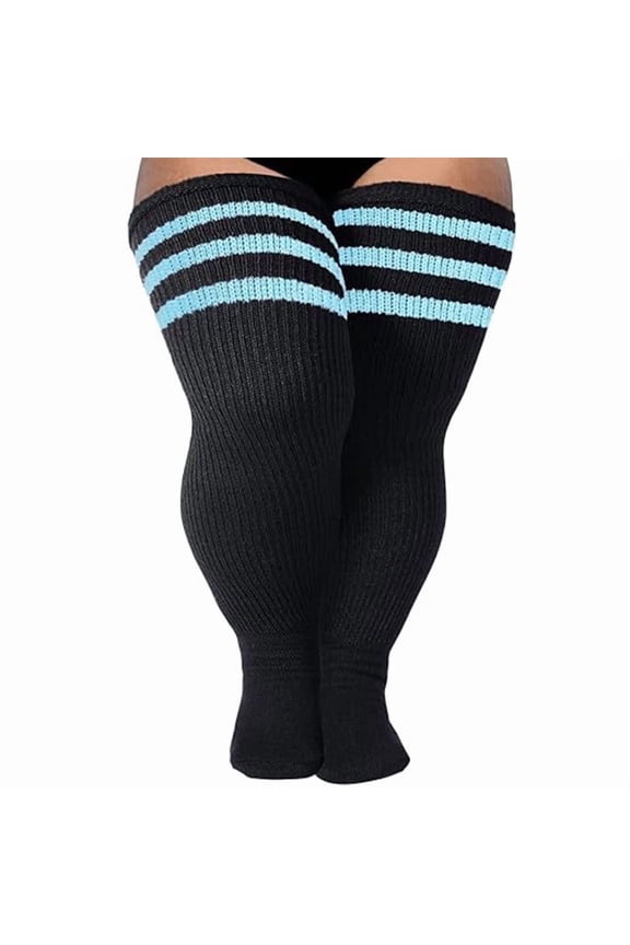 Plus Size Thigh High Socks for Women with Thick Thighs, Extra Long Widened Design Cozy Thick Knit Stockings, Black Blue