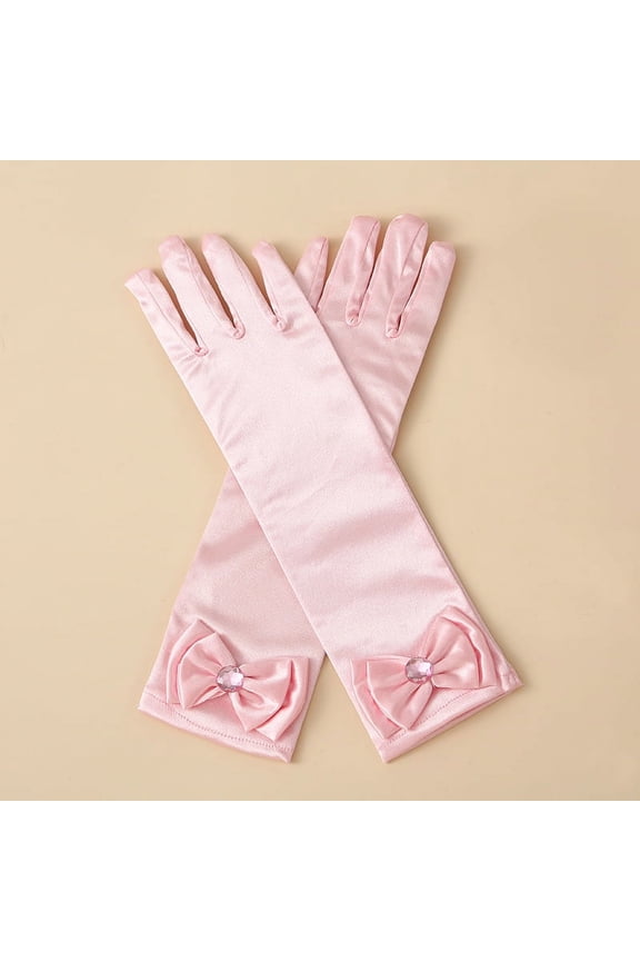 Princess Gloves,White Long Satin Princess Dress Up Diamonds Bows Gloves for Birthday,Wedding, Costume Party,Pink