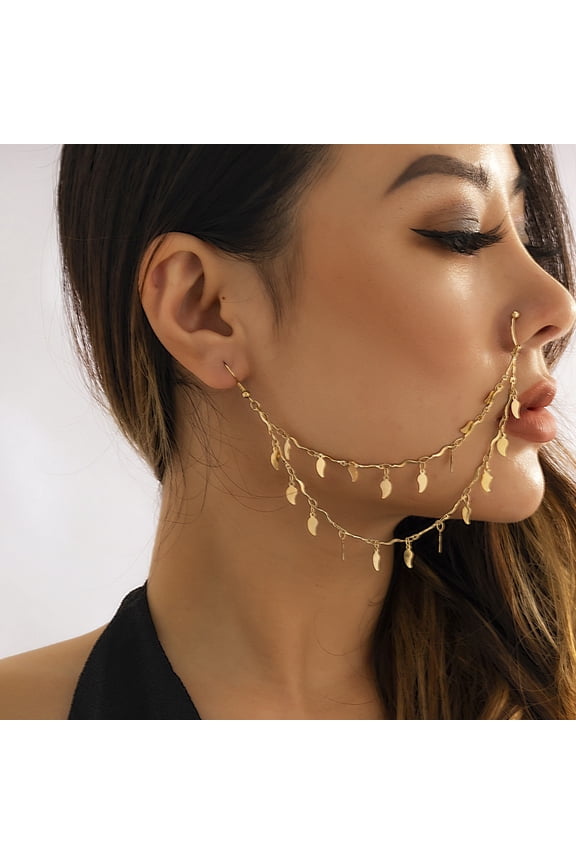 Punk Style Pearl Tassel Nose Hoop, Non-Piercing Dangle Chain with Ear Cuff, Beaded Design for Women, Golden A