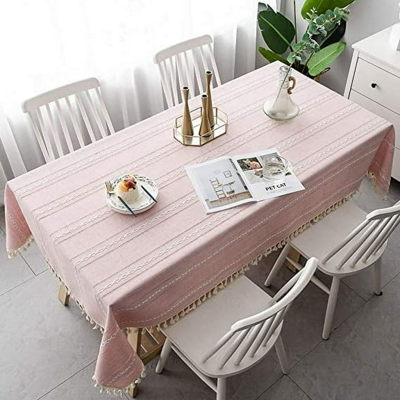 Firefly Hope Rectangular Cotton Linen Tablecloth with Stitching & Tassels, Wrinkle-Free for Dining, Kitchen & Tabletop Decoration, 55*55in, Pink A