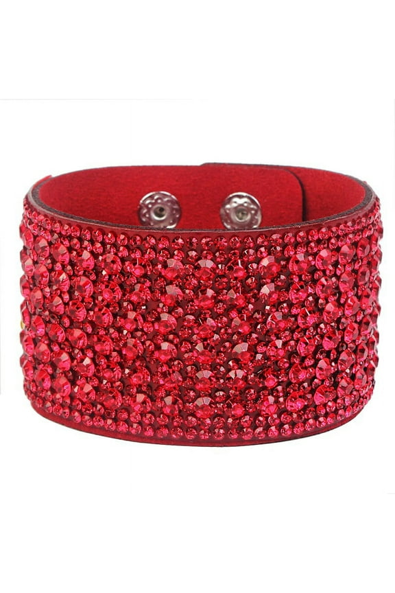 Rhinestone Leather Wrap Bracelets for Women, Trendy Stackable Bangle Set Fashion Jewelry Gift, Red