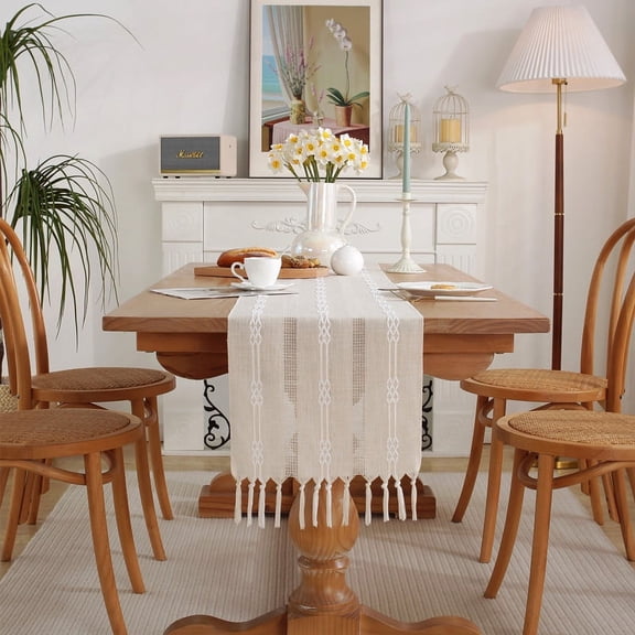 Firefly Hope Rustic Boho Cotton Linen Table Runner, Farmhouse Style with Tassels, Braided & Striped Design, 103*13in, Beige