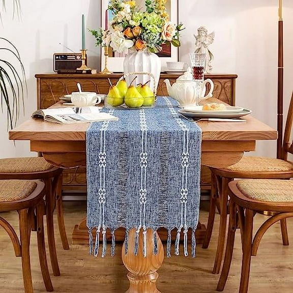 Firefly Hope Rustic Boho Cotton Linen Table Runner, Farmhouse Style with Tassels, Braided & Striped Design, 103*13in, Blue
