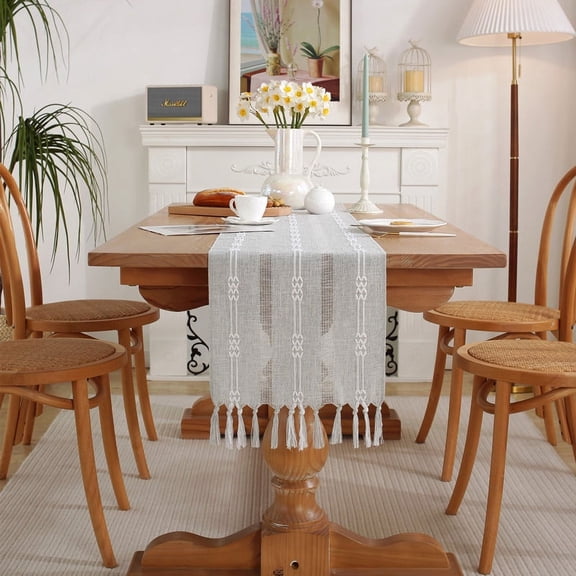 Firefly Hope Rustic Boho Cotton Linen Table Runner, Farmhouse Style with Tassels, Braided & Striped Design, 72*13in, Grey