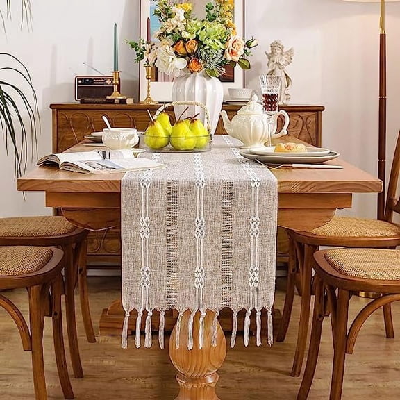 Firefly Hope Rustic Boho Cotton Linen Table Runner, Farmhouse Style with Tassels, Braided & Striped Design, 72*13in, Khaki