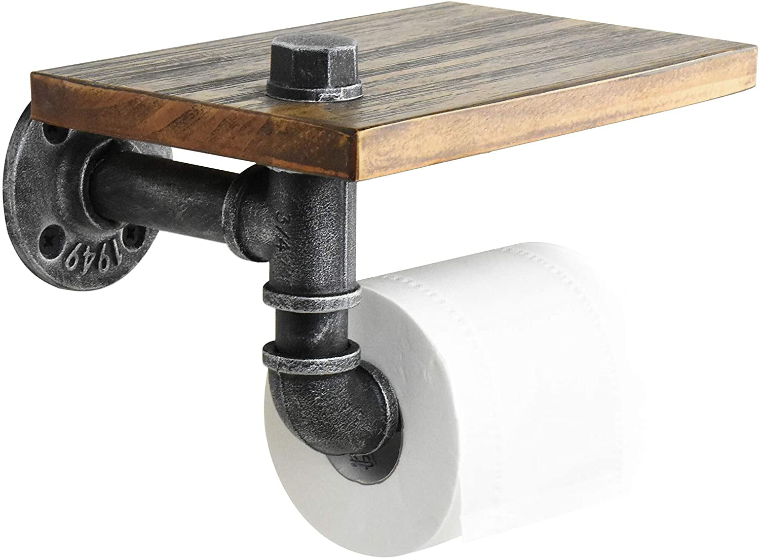 Firefly Hope Rustic Industrial Toilet Paper Holder, Pipe & Wooden Wall Mount with Shelf – Farmhouse Bathroom Tissue Holder(Silver)