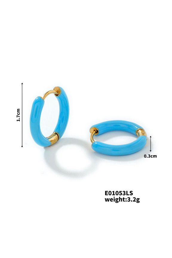 Single Pair 17mm Enamel Covered Huggie Ear Loops for Ladies, Gold Tone Plated Stainless Steel Tiny Cute Circle Ornaments, Minimal Bold Daily Fashion Ear Jewelry