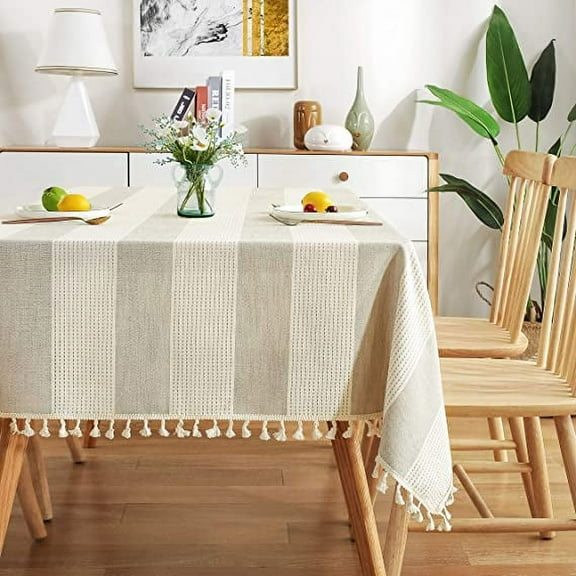 Firefly Hope Striped Cotton Linen Tablecloth with Stitching & Tassels, Rectangular Dust-Proof Cover for Kitchen & Dining, 54*102in, Beige
