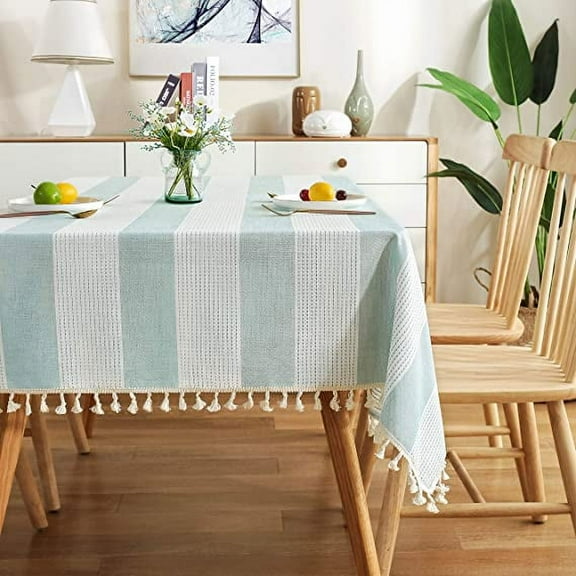 Firefly Hope Striped Cotton Linen Tablecloth with Stitching & Tassels, Rectangular Dust-Proof Cover for Kitchen & Dining, 54*54in, Blue