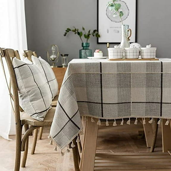 Firefly Hope Thick Rustic Burlap-Cotton Linen Tablecloth, Rectangular, Waterproof & Wrinkle-Free Cover for Kitchen & Dining, 55"x55", Grey grid