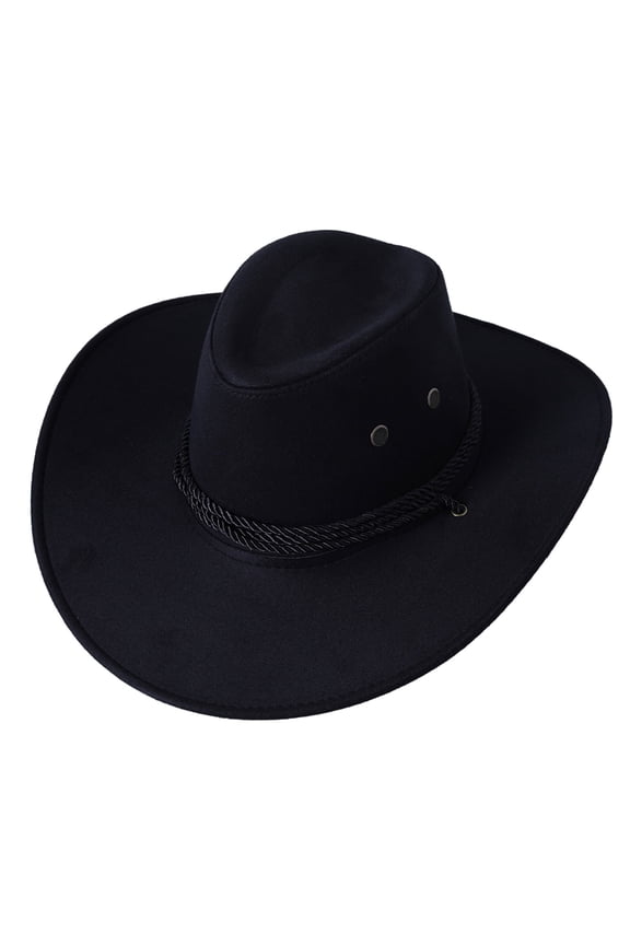 Unisex Roll - Up Wide - Brim Faux Felt Cowboy & Cowgirl Hat with Strap for Men and WomenBlack