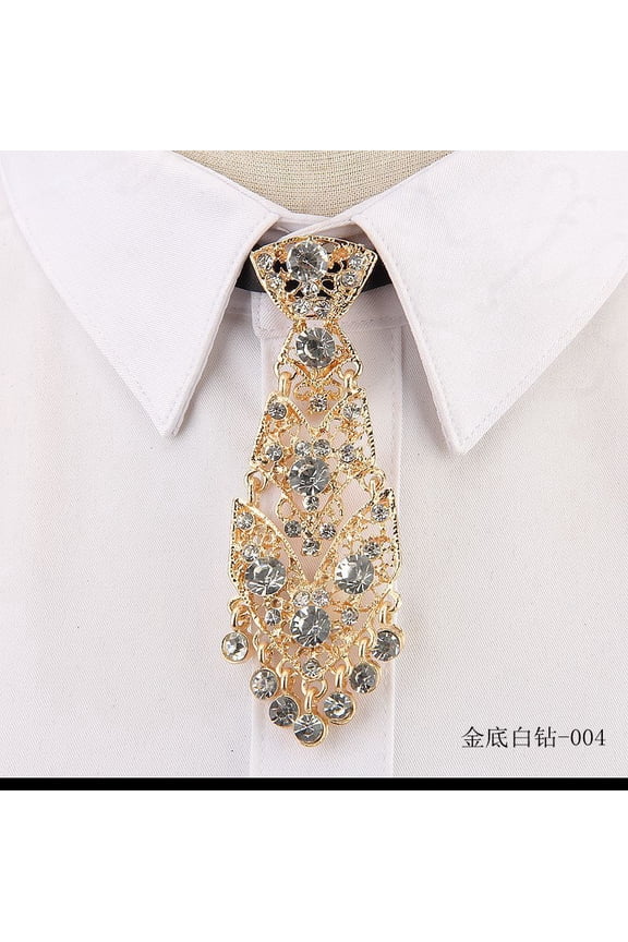 Unisex Sparkle Rhinestone Pretied Neckties, Adjustable One Size Fit-Most Easy-Wear Casual Ties for Women & Men, Gold White