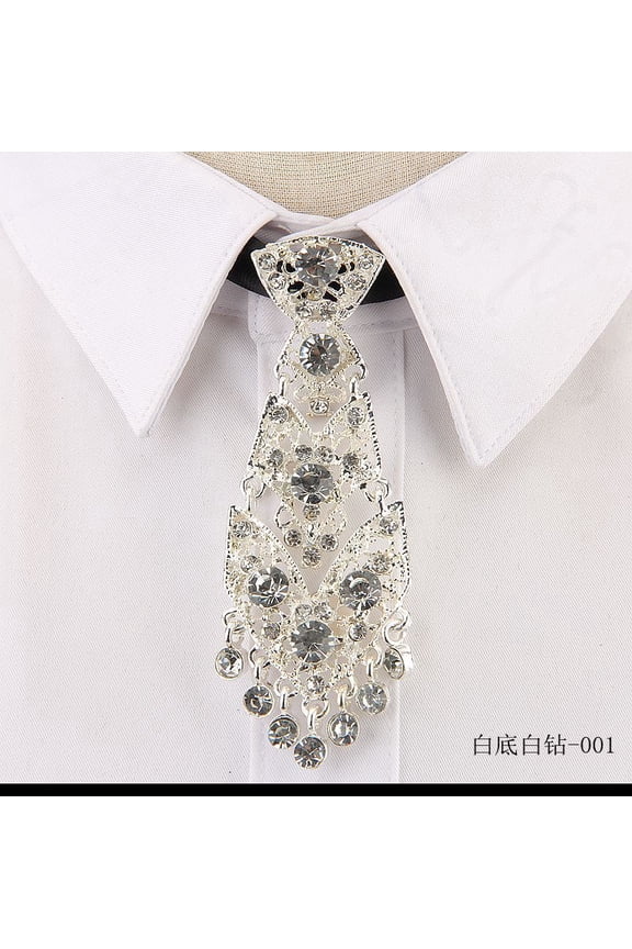 Unisex Sparkle Rhinestone Pretied Neckties, Adjustable One Size Fit-Most Easy-Wear Casual Ties for Women & Men, White
