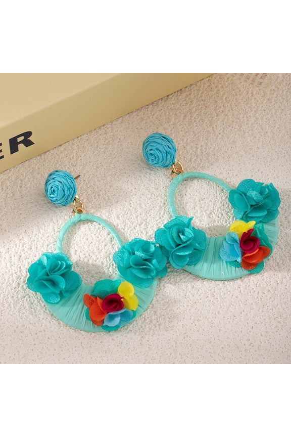 Women Cute Floral Dangle Earrings, Raffia Straw Crafted Flower Petal Earrings Bohemian Style Lightweight Summer Beach Daily Ear Ornaments, Light Green