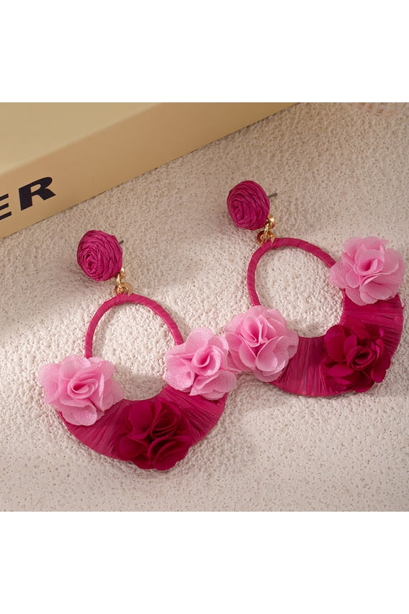 Women Cute Floral Dangle Earrings, Raffia Straw Crafted Flower Petal Earrings Bohemian Style Lightweight Summer Beach Daily Ear Ornaments, Dark Pink