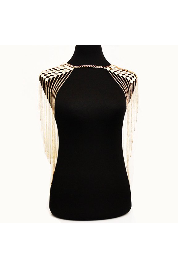 Women Multi-Layered Shoulder Body Chain with Tassel, Bikini Back Chain Necklace, Festival Rave & Bridal Wedding Backdrop Jewelry,S06