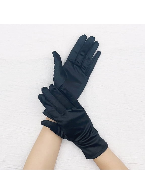 Women Short Satin Gloves Adult Gloves Wedding Party Wrist Length Gloves Gown Gloves Opera Gloves-Black
