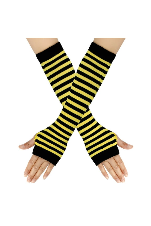 Women Striped Long Fingerless Gloves, Winter Knitted Arm Warmers For Punk Rock/Cosplay/Goth/Christmas Party -Black Yellow