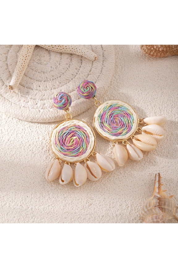Women Summer Beach Ear Decor, Bohemian Raffia Shell Statement Dangle Earrings Handcrafted Straw Wrapped Cowrie Seashell Drop Tropical Casual Accessories, Multicolor